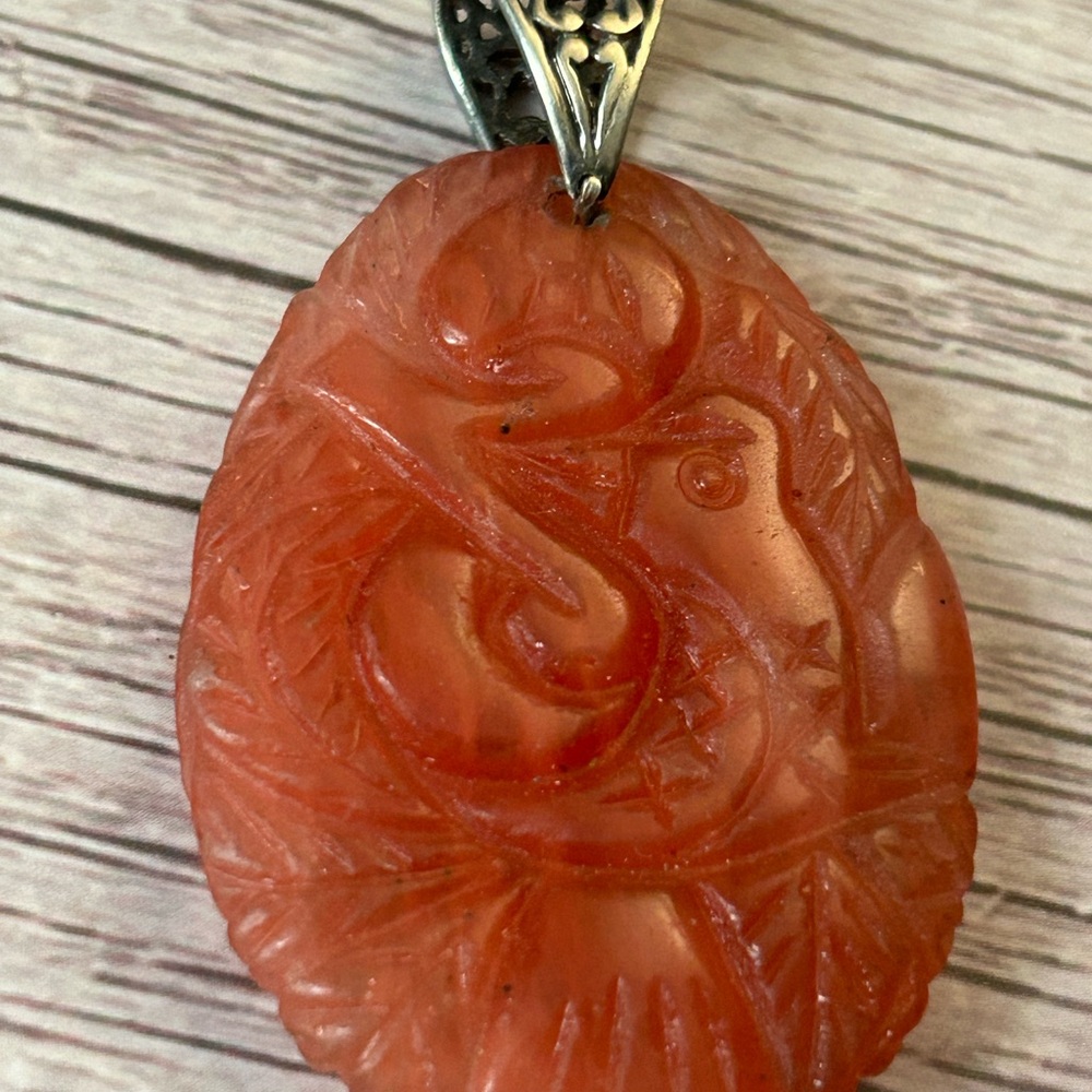 Vintage Carved Carnelian Pendant – Sterling Silver Bail, Floral Bird Motif. E970